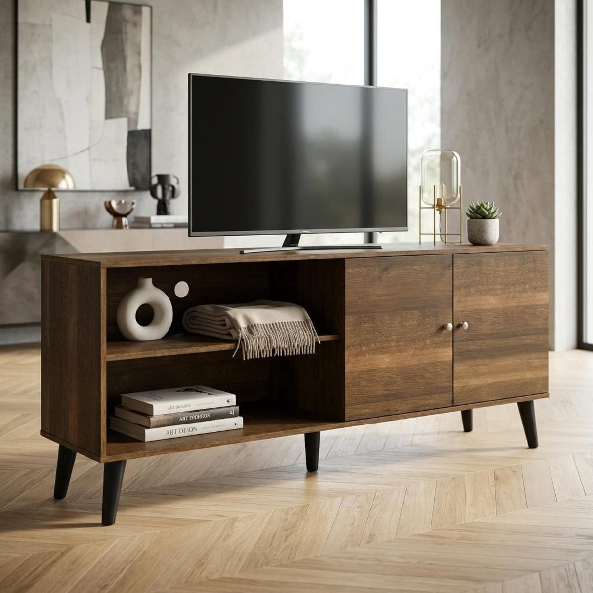 Tale TV Stand for TVs up to 63", with 2 Storage Shelves& 1 Cabinet, Modern Entertainment Centre for TV in Living Room in Brown