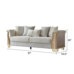 Epimetheus Two-Tone Wood Upholstery Sofa with Modern Flawless Design, Stainless Steel Gold Accents, and Cream Finish