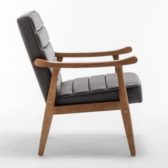 Mid-Century Modern Accent Chair, Solid Wood Frame Leather Look Microfiber Armchair with Open-Framed Arm Design, Plush Padded Seat and Back Cushion for Living Room Bedroom