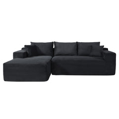 2-Piece Convertible Corduroy L-Shaped Sofa in a Box with Pillows, 3-Seater Modular Sectional Couch, Compressed Living Room Furniture, Black (Left Facing)