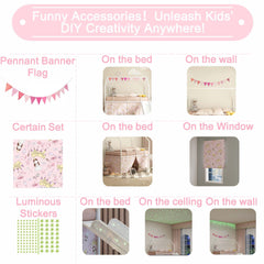 Agamemnon Metal Junior House Twin Loft Bed with Slide and Curtain Set and Pennant Banner Flag and Star Stickers, White with Pink