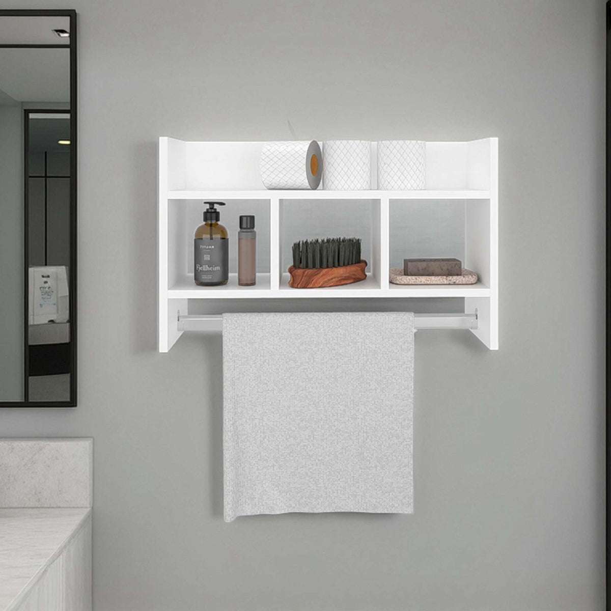 White Bath Shelf with Towel Bar, Open Shelf, and Storage Space