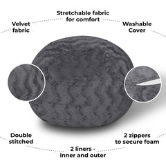 Faux Fur Bean Bag Chair, Grey-4ft Cozy and Stretchable Fabric Lounger for Children and Adults with Easy-Clean Cover, Comfortable Faux Fur Seating for Bedrooms, Filled with Shredded and Memory Foam.