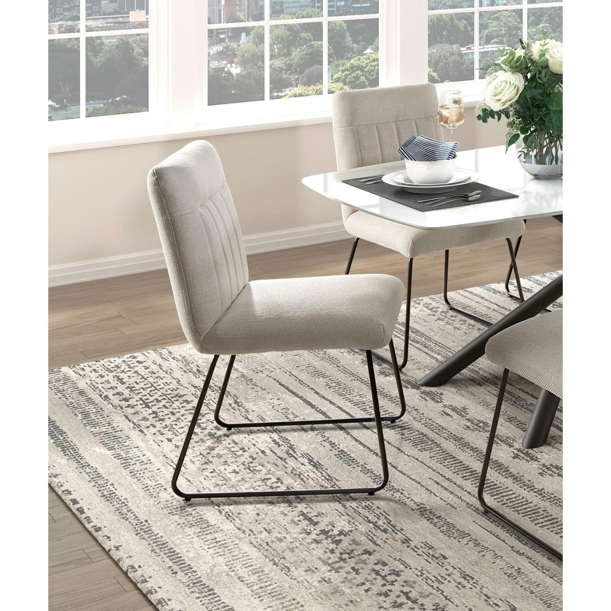 Modern Design Beige Fabric Upholstered Side Chairs 2pc Set, Tabular Black Finish Metal Legs Casual Dining Furniture