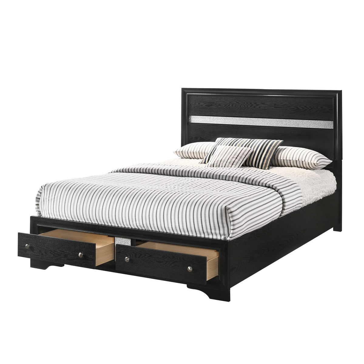 1pc Queen Platform Bed Storage Drawers Shimmering Silver Accent Black Silver Finish Solid Wood