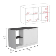 Poem Kitchen Island with Large Top Surface, Double Door Cabinet, and Open Shelves White / Onyx