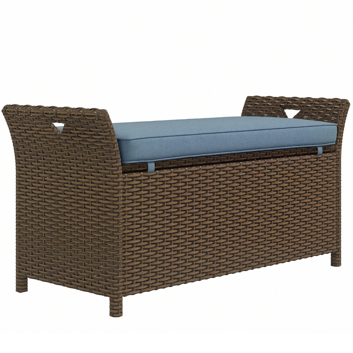 Outdoor Patio Wicker Storage Bench, 2-In-1 Rattan Patio Furniture, 29 Gal Storage Box w/ Cushion, Dark Blue