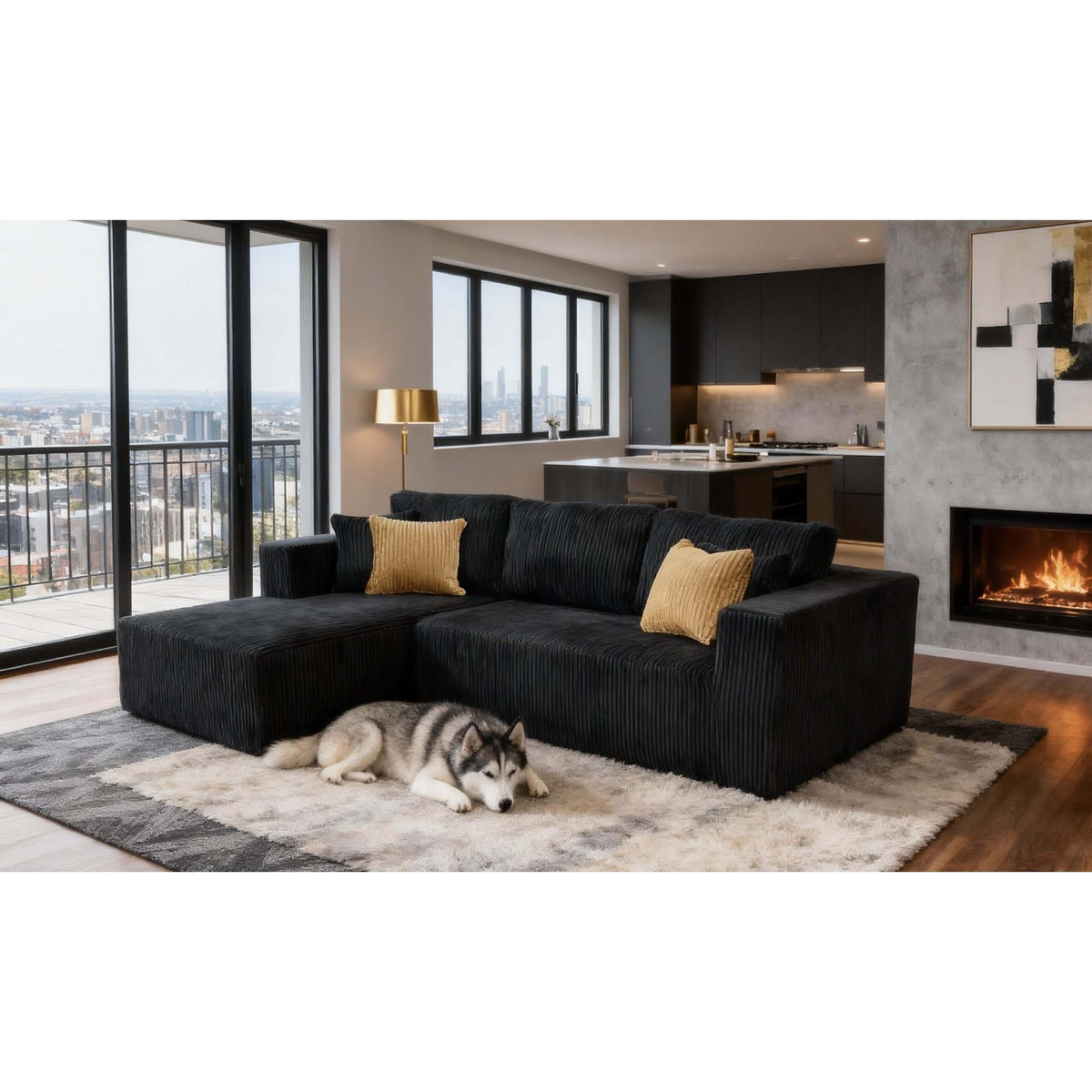Full Compressed Corduroy Upholstered Sectional - No Assembly Needed