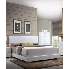 Theseus White Synthetic Leather & White Leg Queen Bed W/Led