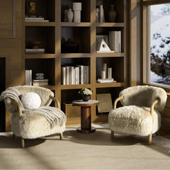 Zeus 33" Rustic Oak Sheepskin Upholstered Accent Arm Chair, Taupe Beige Genuine Fur