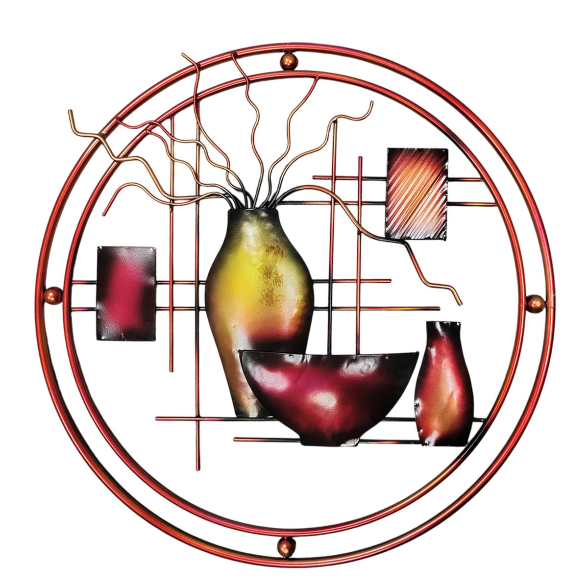 22 Inch Round Metal Wall Decor With Vase, Multicolor