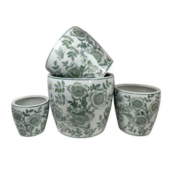 Epic Accent Planter Pot Set of 4, Green Floral Pattern, White Ceramic
