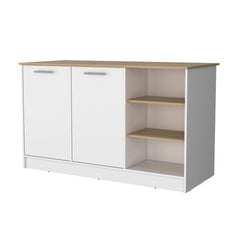 White and Ash 2-Door Kitchen Island with 3 Open Shelves