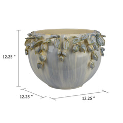 Aura Bowl Planter, White Ceramic with Floral Garland Rim, 12 Inch