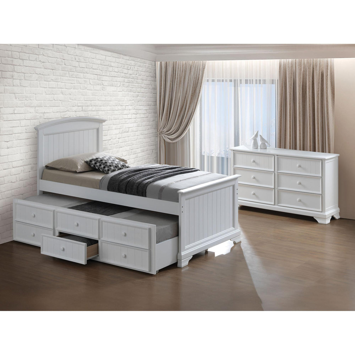 Transitional Style Capital Twin Bum Bed White Finish Headboard And Footboard Panel Trundle With 3 Storage Drawers Mortise & Tenon Joint