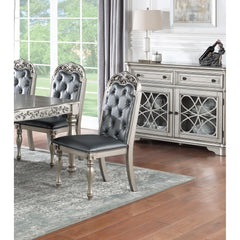 Odyssey Formal Set of 2 Side Chairs Grey / Silver Finish Rubberwood Dining Room Furniture Intricate Design Cushion Upholstered Seat Tufted Back