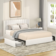 Odyssey Patented 2-Drawers Storage Bed Queen Size Ivory Boucle Upholstered Platform Bed, Tufted Headboard, Wooden Slat Mattress Support, No Box Spring Needed