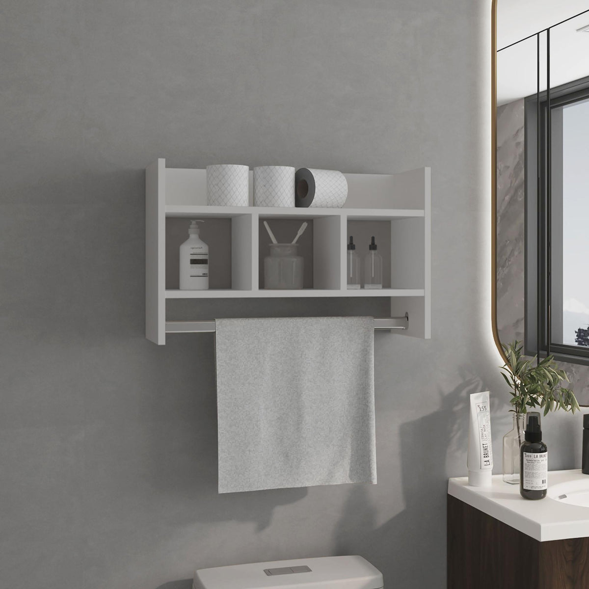 Paradise Wall Shelf with Towel Bar, Compact Storage With A Wide Upper Shelf, Three Comapct Middle Shelves and Towel Holder for Bathroom Organizer, White