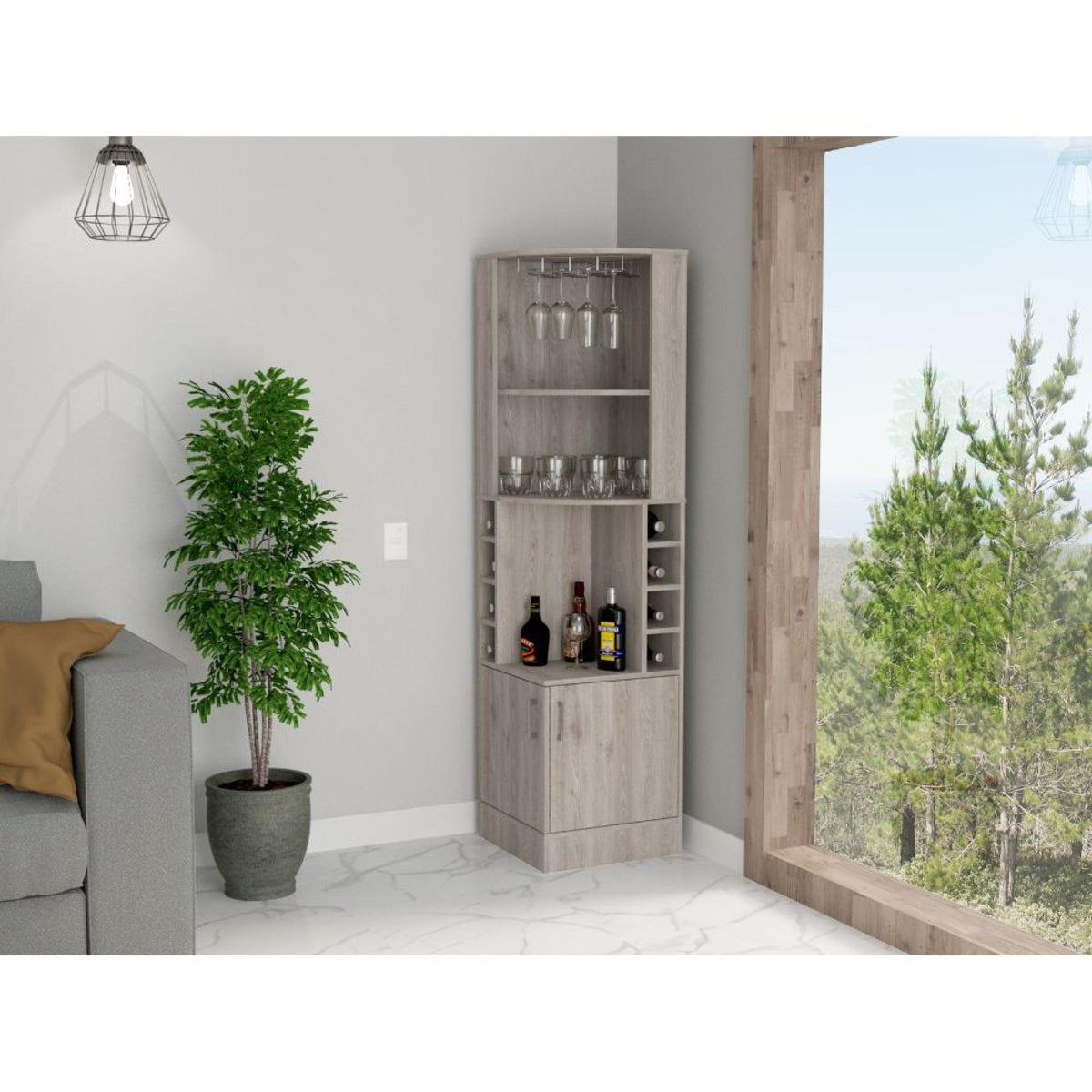 Story Corner Bar Cabinet, Eight Bottle Cubbies, Double Door, Two Open Shelves Light Gray