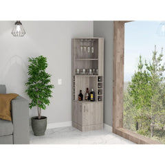 Story Corner Bar Cabinet, Eight Bottle Cubbies, Double Door, Two Open Shelves Light Gray