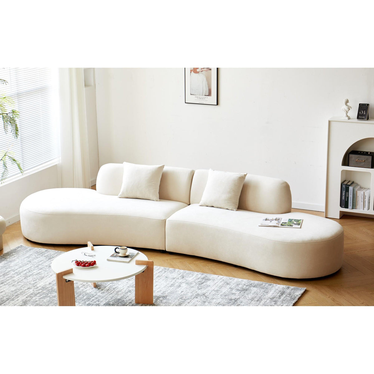132" Curved Sofa with Throw Pillows, 6 Seater Luxury Velvet Couch with Half Moon Design and High-Density Foam, Ideal for Modern Living Room, Office & Apartment, Ivory