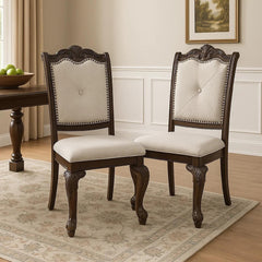 Odysseus Side Dining Chair Set of 2, Beige Linen, Scrolled Coffee Brown Wood