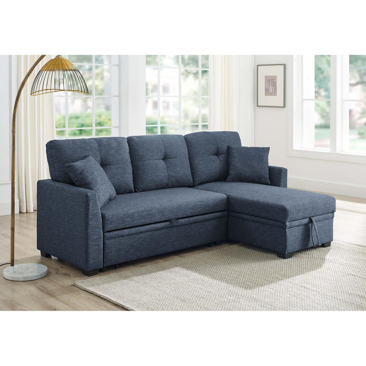 76.5" Linen Blend Upholstered Sectional with Pull-Out Bed and Chaise Storage