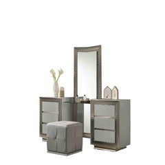 Glam Style 1pc Vanity Set w/ Stool Plinth Base Silver Molding Glass Top LED On Headboard And Mirror Gray Finish Bedroom Furniture