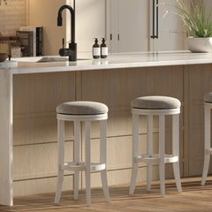 Story Bar-Height Wood Backless Barstool with Upholstered Gray Swivel Seat, White Frame, 1PC
