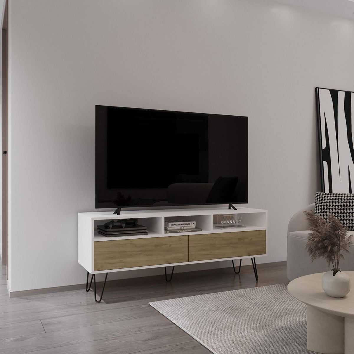 Jason 54" Wide Two-Door Cabinet Tv Stand with Pull Down doors, Three Shelves, Cable Management White - Naturla Oak