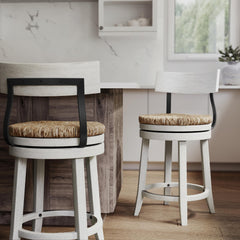 26" Wood Counter-Height Bar Stool with Natural Seagrass Seat, Reclaimed White, 1PC