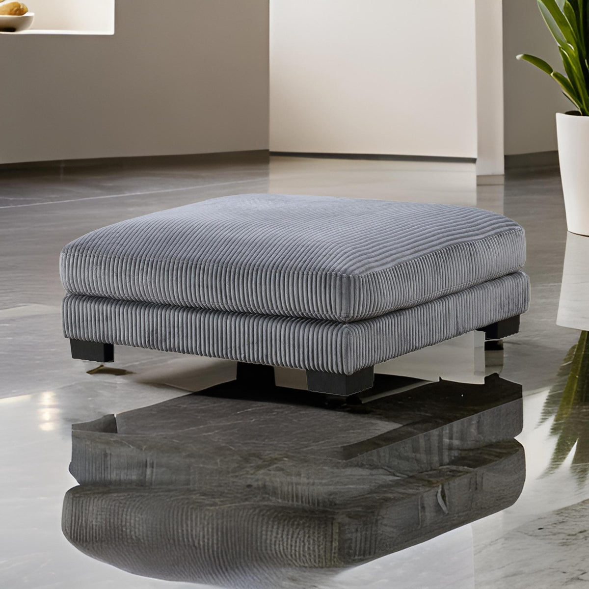 Story 45 Inch Ottoman, Attached Seat Cushion in Gray Corduroy Fabric, Wood