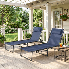 2 Folding Chaise Lounge Pool Chairs with 4-Position Reclining Back, Pillow, Breathable Mesh & Bungee Seat, Dark Blue