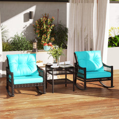3 Piece Outdoor PE Rattan Rocker Chair Set, Rocking Chair with Tempered Glass Table Top, Turquoise Green