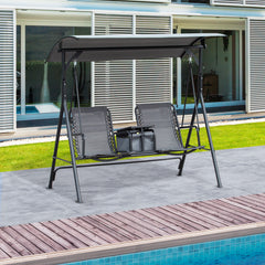 2 Person Porch Swing with Canopy, Storage Table, Cup Holder, Gray