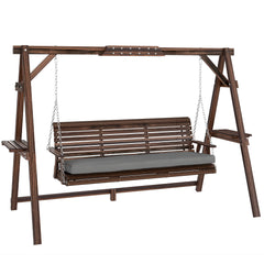 3 Seat Wooden Porch Swing with Stand, Patio Swing with Cushion, for Garden, Poolside, Backyard, Carbonized Brown