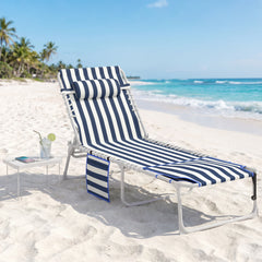 Tanning Chair with Face Hole and Side Table, 5-Position Folding Outdoor Chaise Lounge Chair, Blue and White