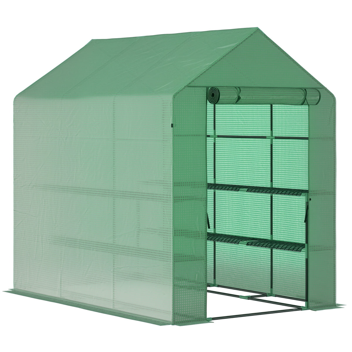 7' x 5' x 6' Walk-in Greenhouse for Outdoors with Mesh Door, 18 Shelf Hot House with Trellis, Plant Labels, UV Protective for Growing Flowers, Herbs, Vegetables, Saplings, Green