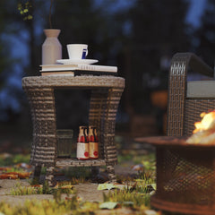 18" Wicker Outdoor Coffee Table, PE Rattan Patio Side Table with 2-Tier Storage, Composite Wood Top, Mixed Gray