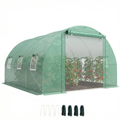 10'x11'x6' Walk-in Tunnel Greenhouse with Shelves, Mesh Door and Windows, Hoop House Greenhouse with PE Cover, Green