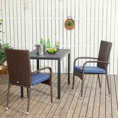 Stackable PE Rattan Outdoor Dining Chairs with Cushion, Patio Wicker Dining Chair with Armrests & Backrest, Blue
