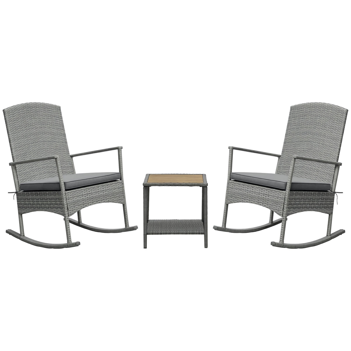 3 Piece Outdoor PE Rattan Rocking Chair Set, Patio Wicker Recliner Rocker Chair with Soft Cushion & Nature Wood Top Coffee Table, Grey