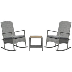 3 Piece Outdoor PE Rattan Rocking Chair Set, Patio Wicker Recliner Rocker Chair with Soft Cushion & Nature Wood Top Coffee Table, Grey