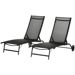 Chaise Lounge Outdoor, 2 Piece Lounge Chair with Wheels, Tanning Chair with 5 Adjustable Positions for Patio, Beach, Yard, Pool, Black