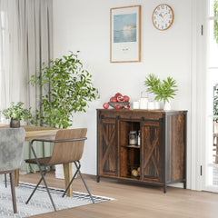 Industrial Sideboard Buffet Cabinet, Coffee Bar Cabinet, Kitchen Cabinet with Sliding Barn Doors, Storage Cabinets and Adjustable Shelves for Living Room, Home Bar, Rustic Brown