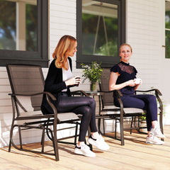 Outdoor Glider Chairs with Coffee Table, Patio 2-Seat Rocking Chair Swing Loveseat with Breathable Sling for Backyard, Garden, and Porch, Coffee Brown