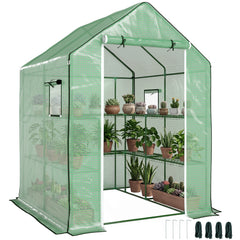 4.6' x 4.7' Portable Greenhouse, Water/UV Resistant Walk-In Small Outdoor Green House with 2 Tier U-Shaped Flower Rack Shelves, Roll Up Door & Windows, Green
