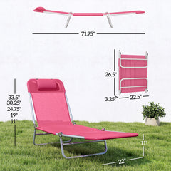 Folding Chaise Lounge Chair, Portable Tanning Chair with Adjustable Backrest, Pillow for Beach Poolside Patio, Pink