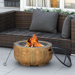Outdoor Fire Pit, 24 Inch Metal Wood Burning Fireplace with Spark Cover, Poker, Woodgrain Design, Light Brown