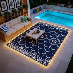 Reversible Outdoor Rug Carpet with LED Lights, 12' x 9' PP Straw Rug with Carry Bag and Ground Stakes